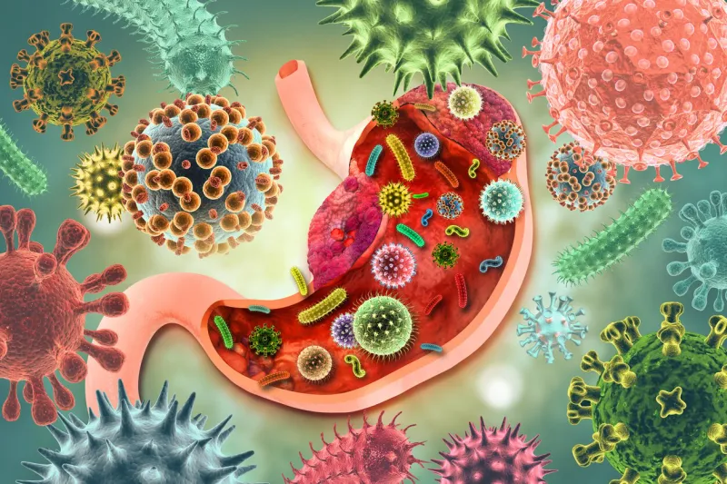 virus or bacteria attacking the human stomach, viral disease, 3d illustration
