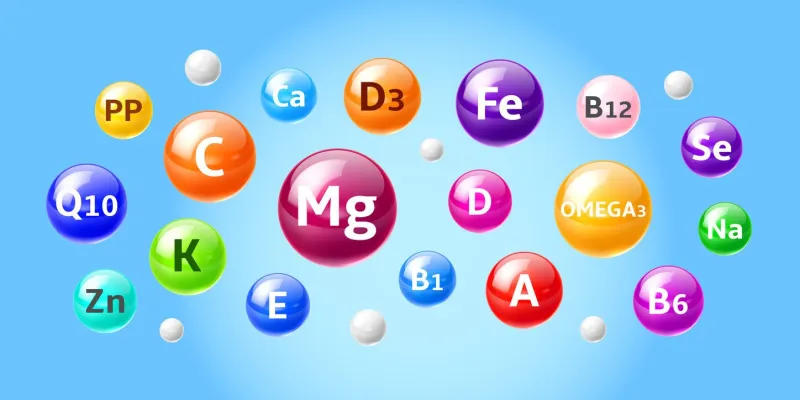 supplement vitamins and minerals colorful 3d vector balls suspended midair pp, q10, c and k zn, e, mg, ca and d3, fe, d, b1 and b12 a, omega 3, se, na and b6 microelement capsules or glossy bubbles
