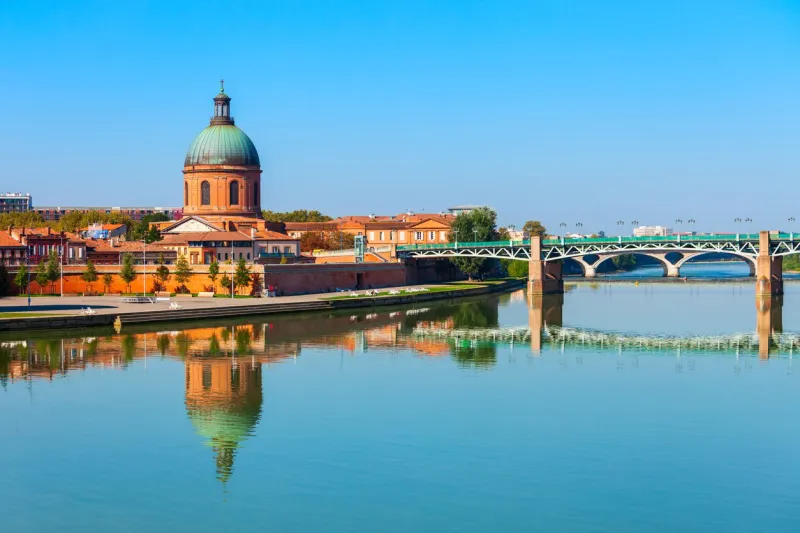 chapel of hospital saint joseph de la grave and garonne river embankment in toulouse city in france