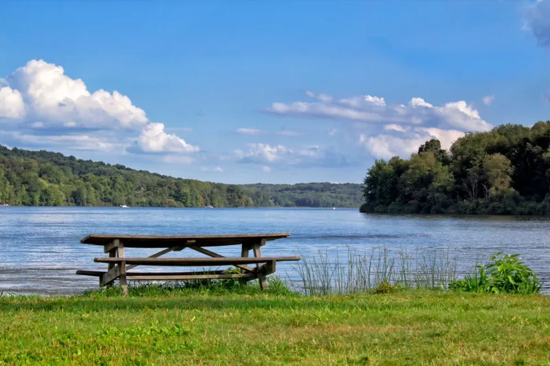 picnic table on the lake shore