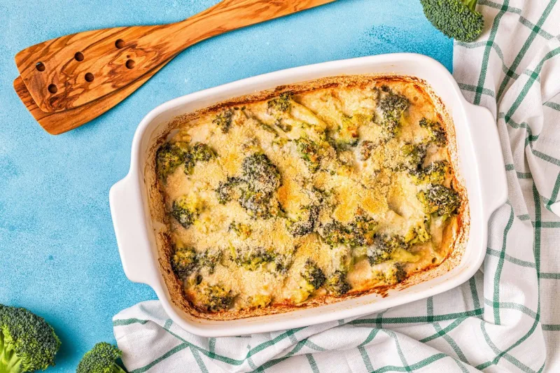 broccoli gratin in a baking dish, top view