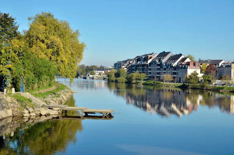the river mayenne at laval, commune in the mayenne department in north-western france