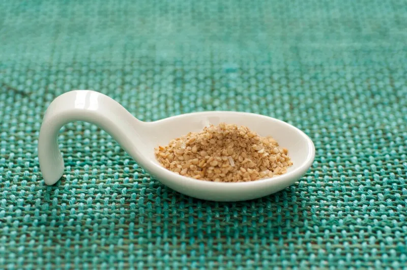 close-up view of organic gomasio in a ceramic spoon