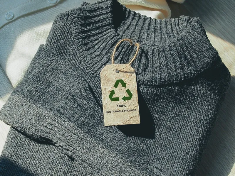 sustainable product concept, renewable icon on tag of knitted sweater zero waste, environmental, social, and corporate governance