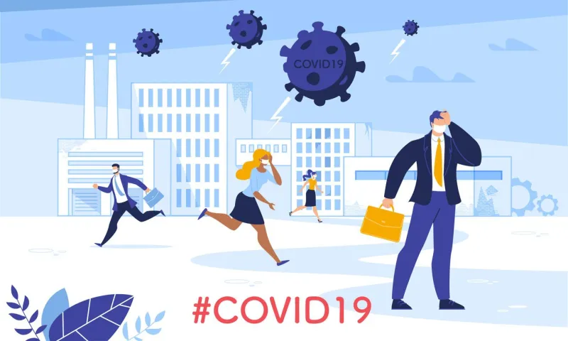 industrial financial crisis and business productivity failure due to coronavirus attack frustrated people in mask run away man in panic wearing formal suit holding head covid19 hovering over city