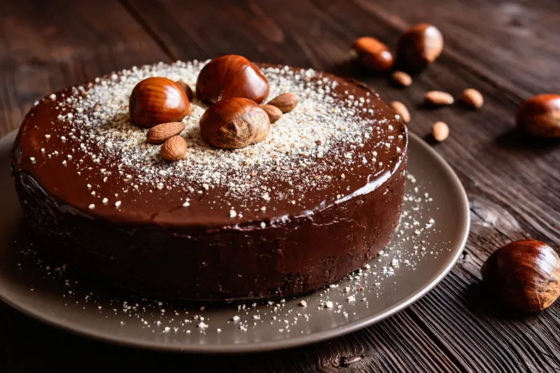 delicious chestnut cake with almonds and chocolate glaze