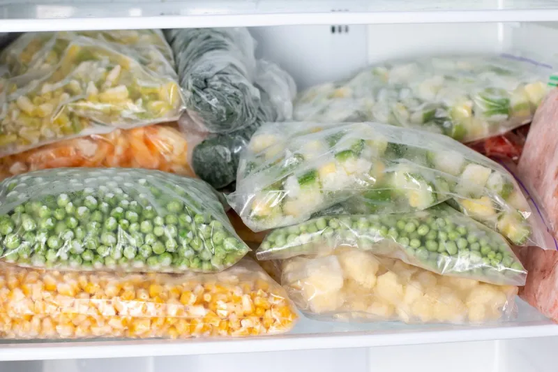 plastic bags with deep frozen vegetables in refrigerator, horizontal