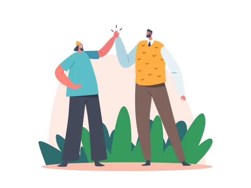 male and female characters informal greetings, happy people giving high five isolated on white background cheerful friends and colleagues happiness, joy expression cartoon people vector illustration