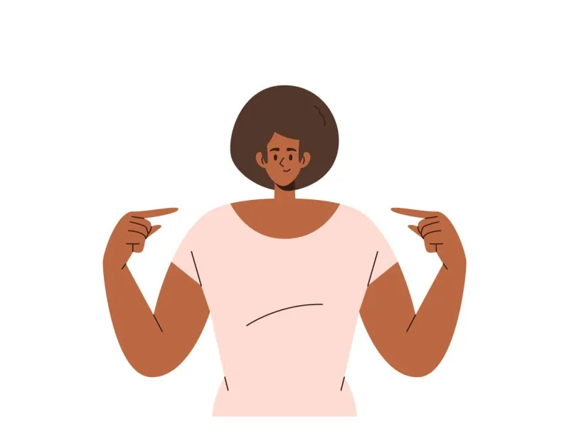 successful female character gesturing with hands on herself feeling self-esteem, proud and success flat vector illustration young confident woman promoting self-love, esteem and her power acceptance