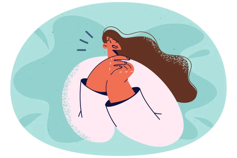 smiling woman feel optimistic and satisfied happy female make hands gesture show appreciation and gratitude vector illustration