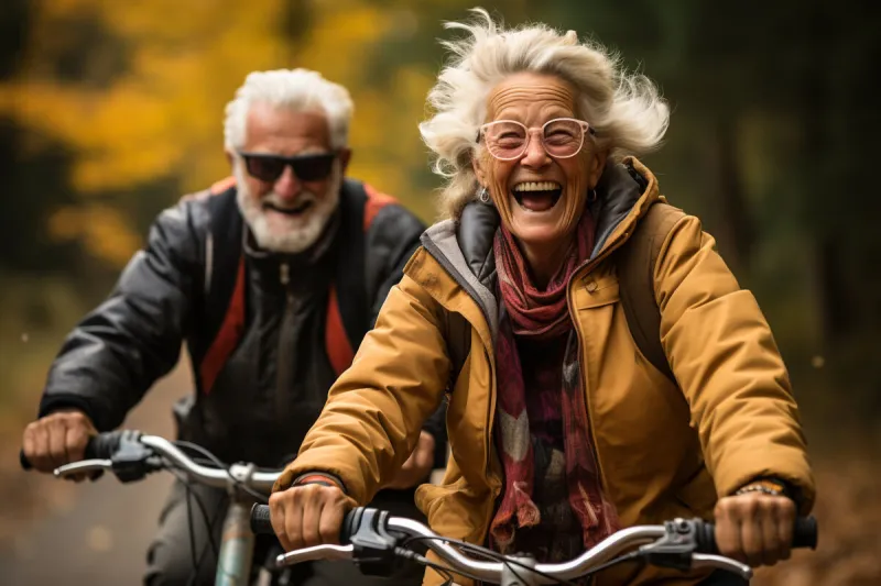 cheerful active senior couple with bicycle in public park together having fun lifestyle perfect activities for elderly people happy mature couple riding bikes, bicycles in park generative ai