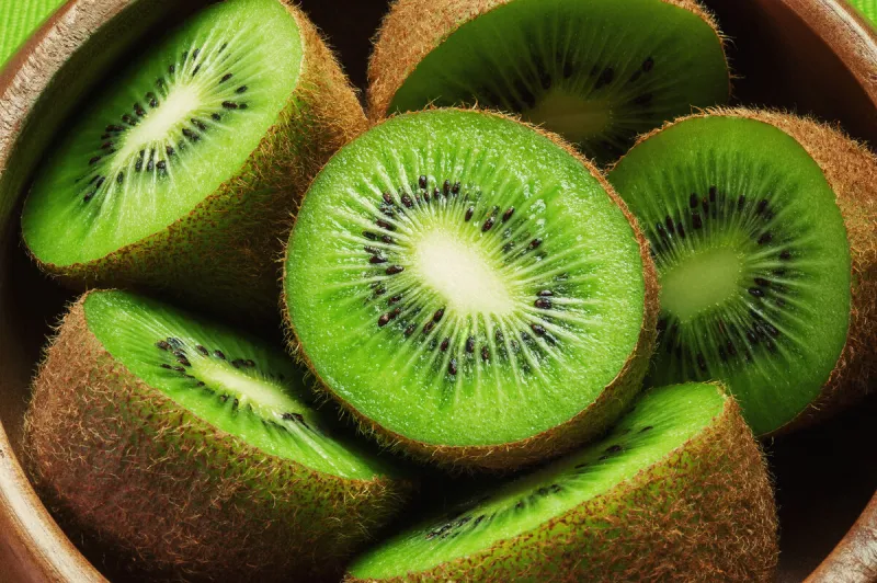 juicy ripe kiwi fruit in wooden bowl
