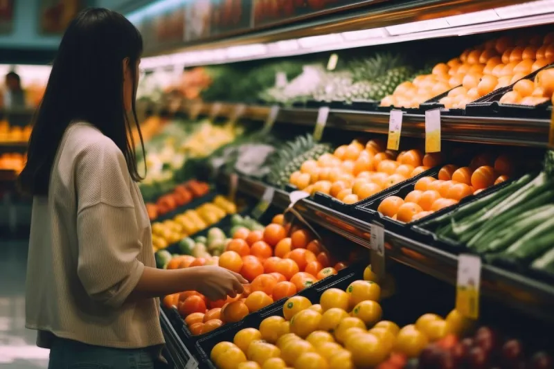 young woman shopping for fruits and vegetables generative ai
