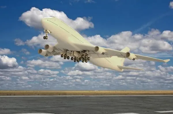 rendu 3d de très haute résolution d'un avion qui décolle au coucher du soleil