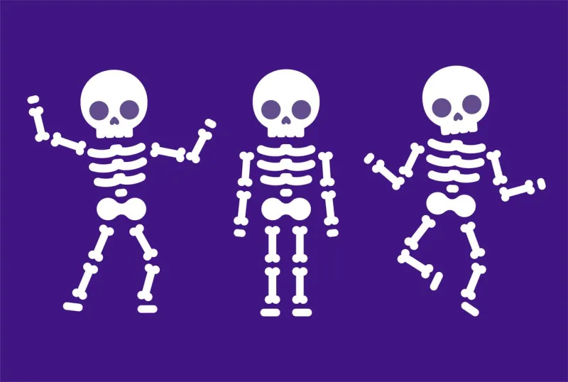 funny cartoon dancing skeleton, simple flat illustration cute halloween clipart graphics