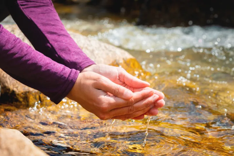 female hands, palms that are filled with mountain spring water on a sunny day, close-up