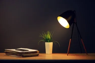office work desk with lamp, mobile phone, stack of newspapers and green plant in pot