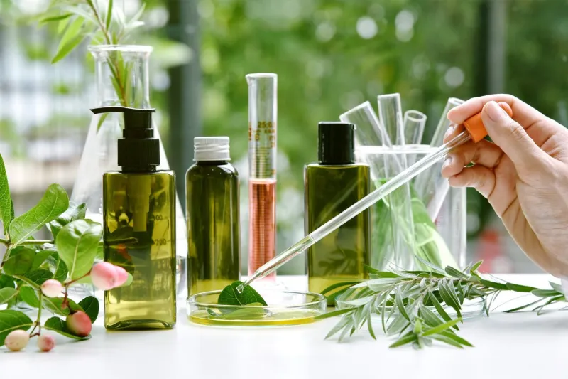 scientist with natural drug research, natural organic botany and scientific glassware, alternative green herb medicine, natural skin care beauty products, research and development concept