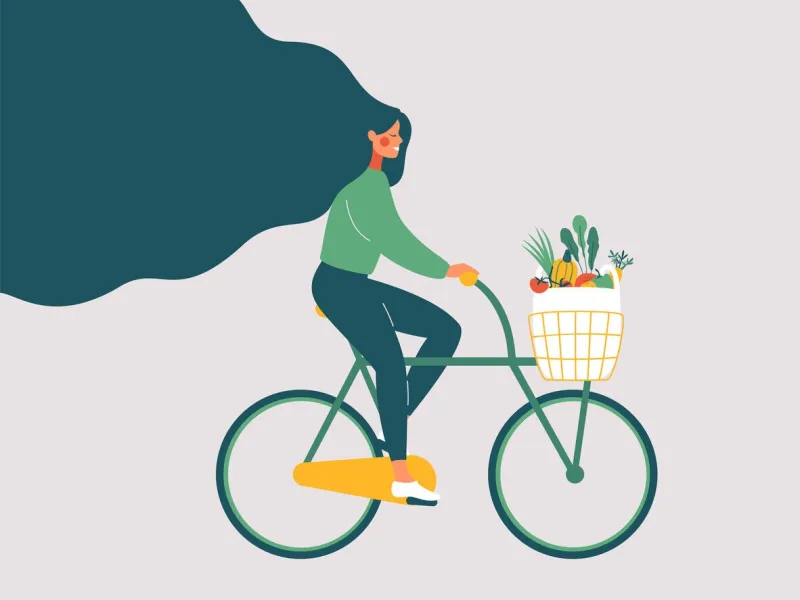 young smiling girl with long hair riding bicycle with fresh vegetables in front basket concept of green lifestyle, zero waste, vegetarianism, environment preservation flat vector illustration