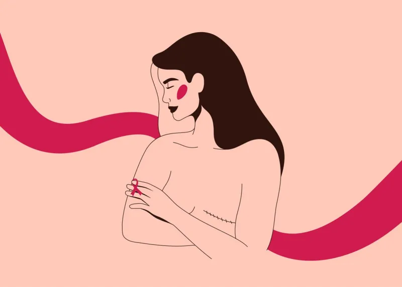 young woman with scar on her breast embraces yourself and holds pink ribbon symbol for breast cancer awareness month vector concept of support and solidarity with women fight oncological disease