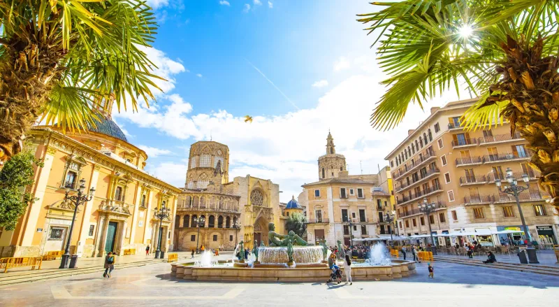 valencia, spain - 4 march, 2020  panoramic view of plaza de la virgen (square of virgin saint mary) and old town