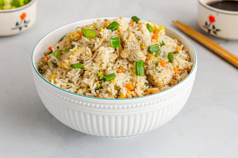 close-up asian chicken fried rice, popular take out food