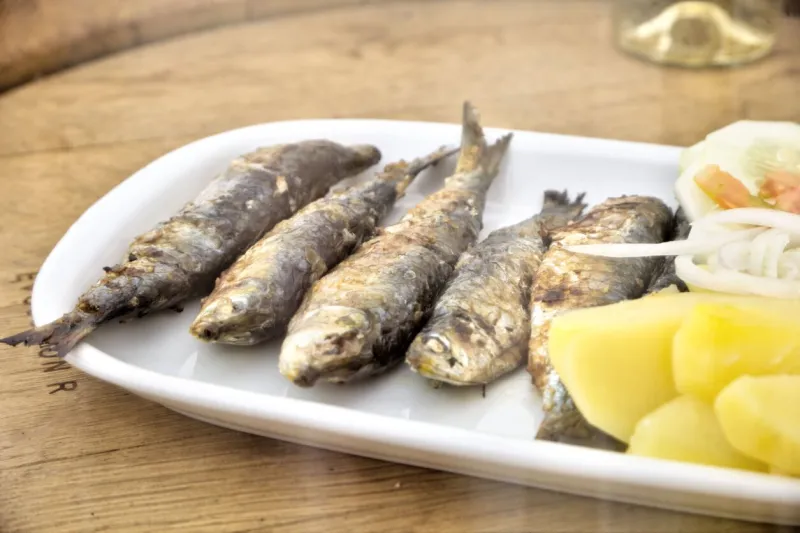 authentic portuguese cuisine  grilled sardines with boiled potatoes and fresh salad, served in a traditional restaurant