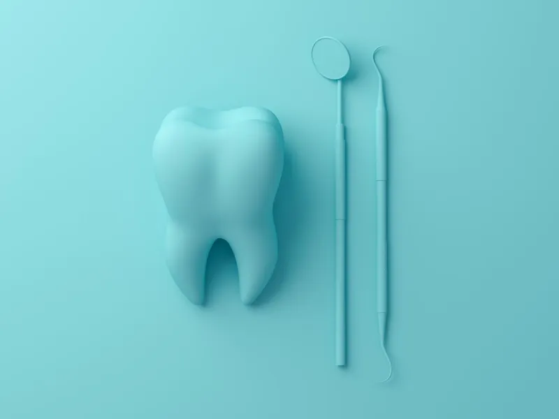 teeth with dental plaque tool concept dental care cleaning bacterial plaque on pastel background minimal flat lay concept 3d render