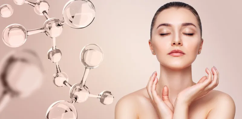 glassy molecules structure near sensual woman over beige background beauty science concept