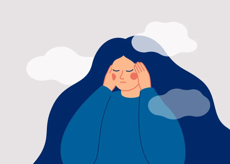 the sad woman touches her temples with her hands and suffers from a headache a depressed girl suffers from temporary memory loss and confusion vector illustration