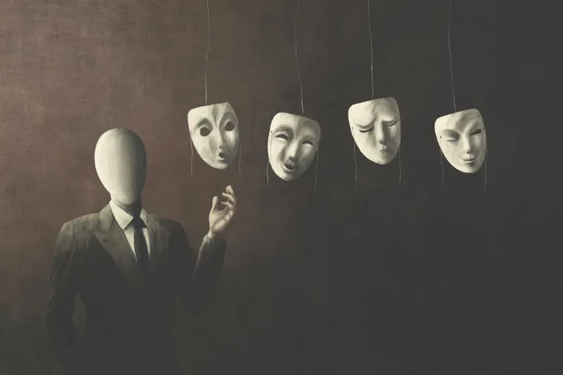 illustration of businessman without face choosing the right mask to wear, surreal identity concept