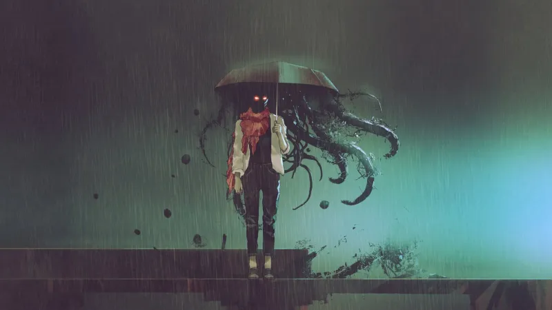 horror concept of mystery woman holding the umbrella with black tentacles inside in the rainy night, digital art style, illustrationn