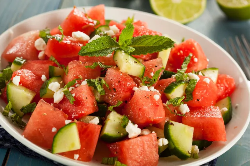 healthy organic watermelon salad with mint feta and cucumber