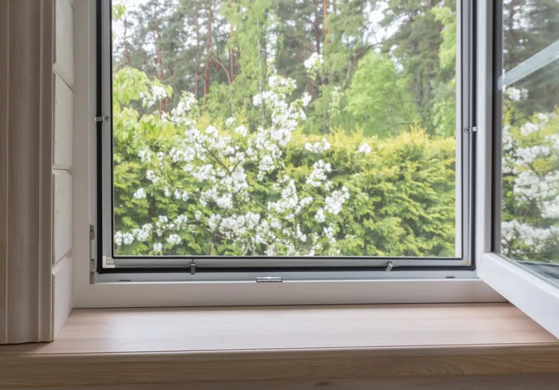 white window with mosuito net in a rustic wooden house overlooking the blossom garden
