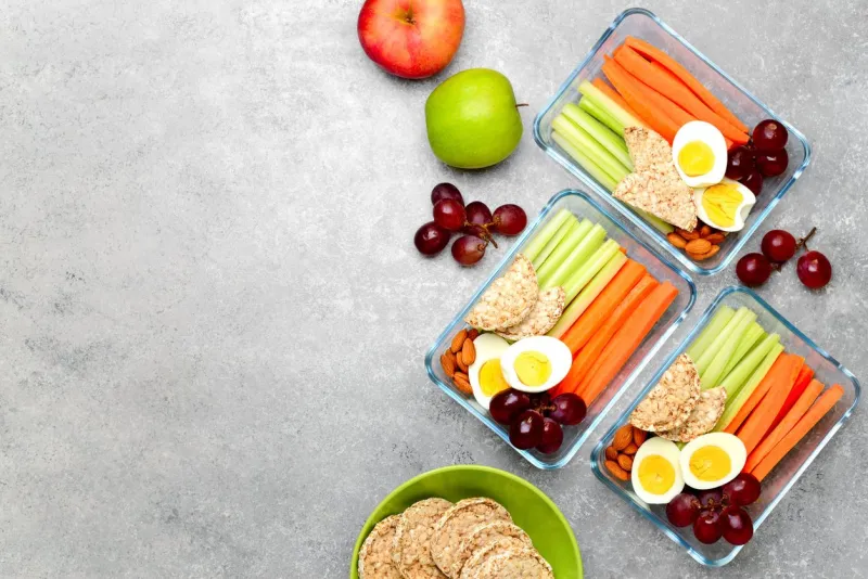 lunch boxes with healthy snacks, healthy food concept, view from above, blank space for a text