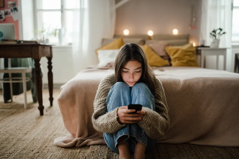teenage girl sitting on the floor and scrolling her smartphone