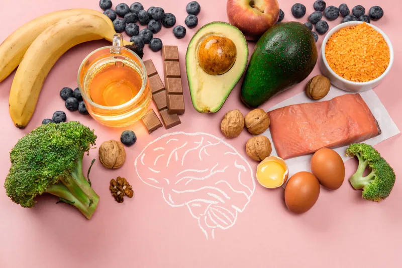 best foods for brain and memory on pink background food for mind and charge of energy healthy lifestyle copy space top view