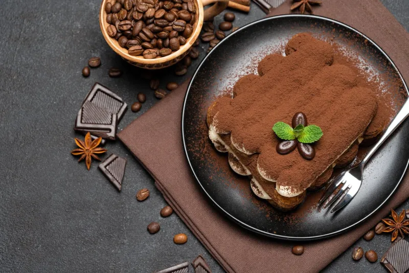 classic tiramisu dessert on ceramic plate on dark concrete background or table