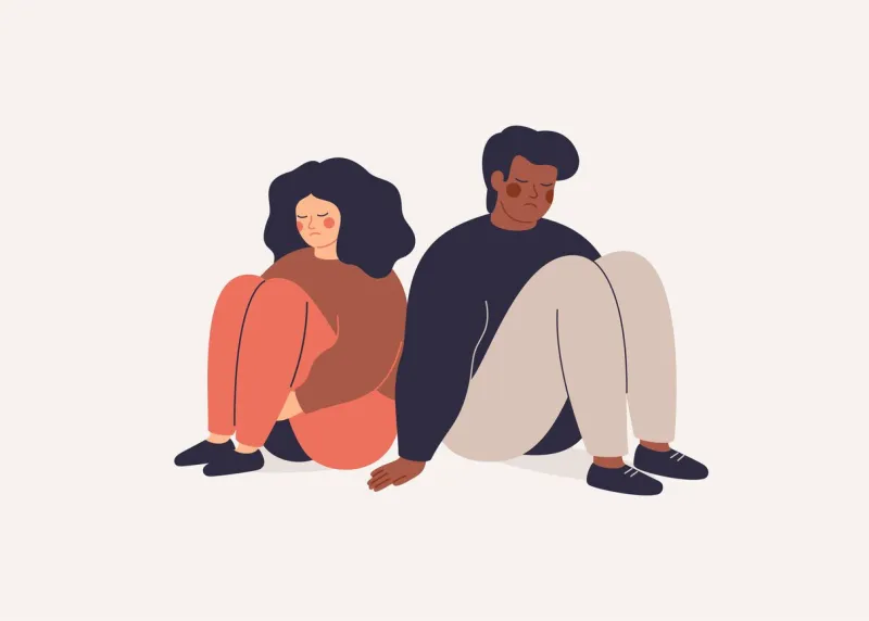 depressed people sad man and woman sit back to back and no speak couple on the brink of divorce friends quarrel and misunderstand relationship break up and family crisis vector illustration