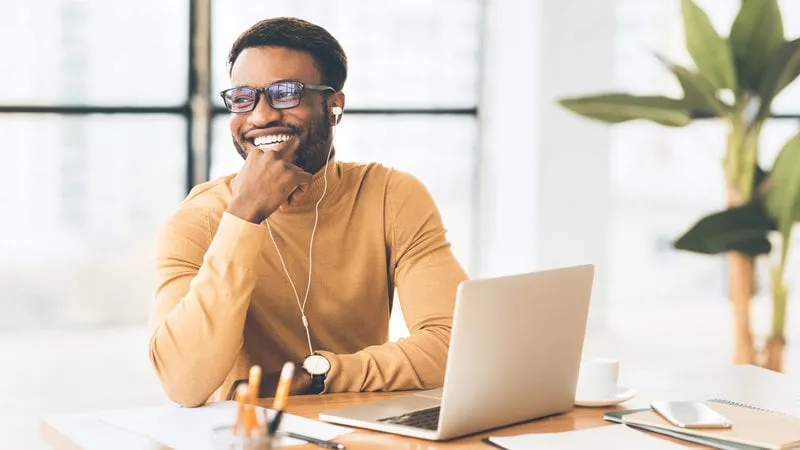 happy life moments smiling black student in headphones enjoying listening to music, panorama, copyspace
