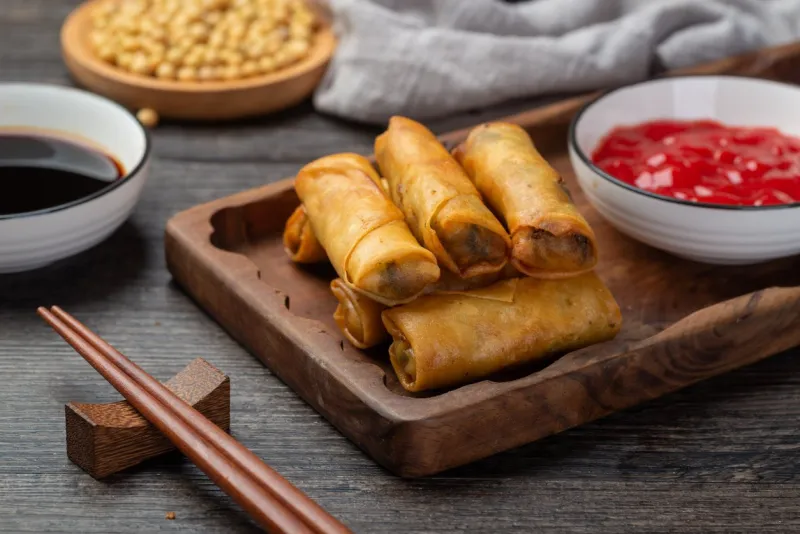 delicious fried spring rolls and sweet chili sauce