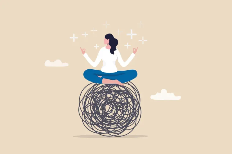 stress management, meditation or relaxation to reduce anxiety, control emotion during problem solving or frustration work concept, woman in lotus meditation on chaos mess line with positive energy