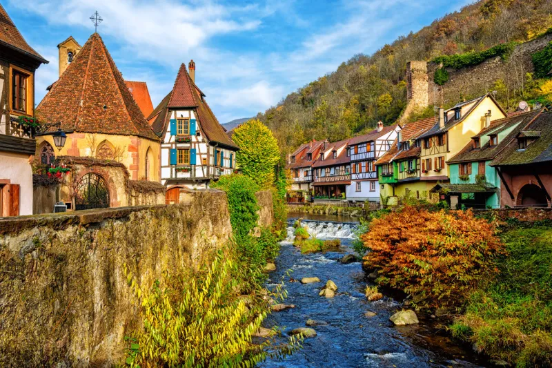 traditional colorful houses in kaysersberg, alsace, one of the most beautiful villages of france