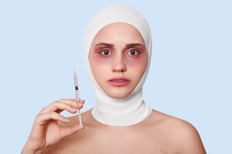 photo of young woman holding syringe for making facial rejuvenation procedure, female after cosmetic operation, having bruises around eyes and medical bandage, isolated over blue studio background