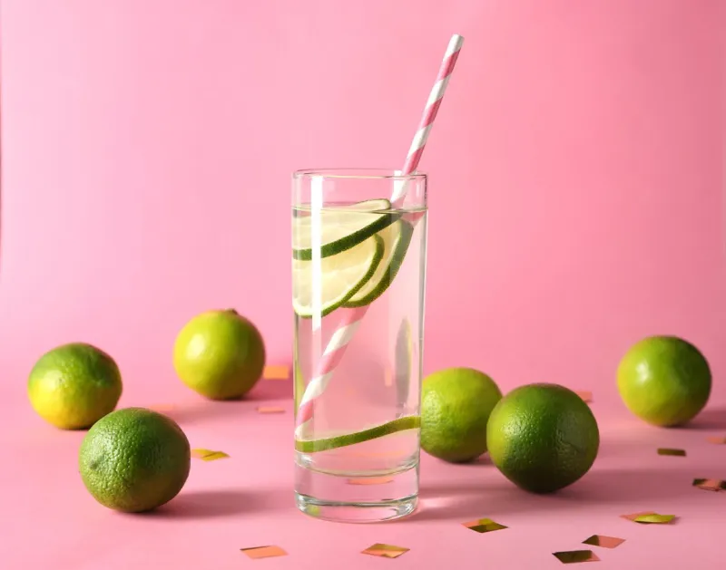 glass of water with lime on color background