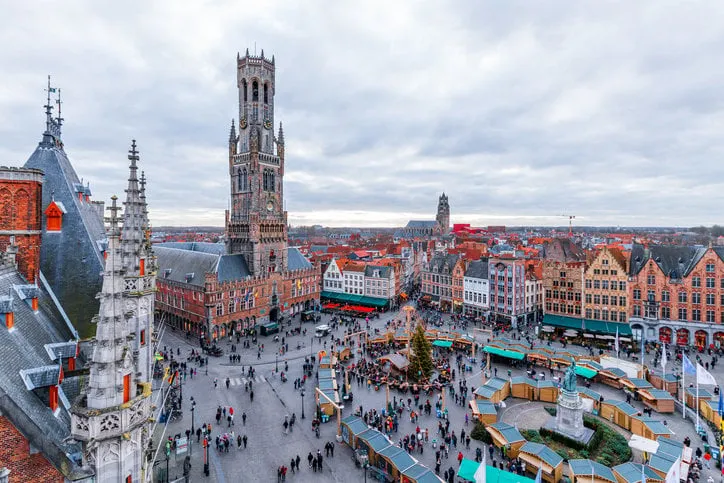 cityscape and main square in bruges (belgium), belfry tower