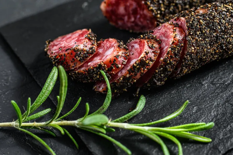 fuet sausage cut in slices on a black slate plate with rosemary black background top view