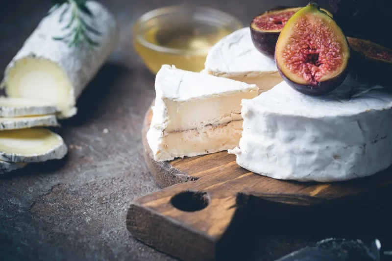 fresh goat brie cheese with truffle and white mold on cheese platter with figs and honey