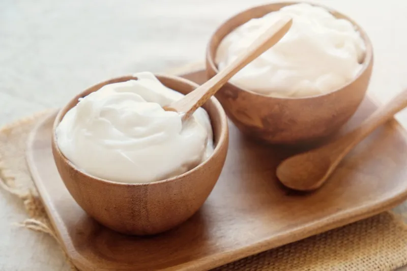 homemade organic coconut greek yogurt in wooden bowl