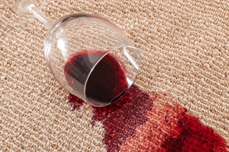 home mishap and domestic accident concept with close up of a spilled glass of red wine on brown carpet